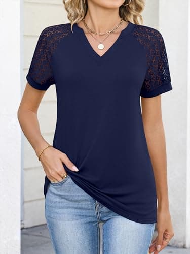 ANRABESS Womens Short Sleeve V Neck Shirts Lace Dressy Casual Blouse 2026 Summer Business Work Tops Vacation Trendy T-Shirts Deep Royal Blue Large - Thumbnail 3
