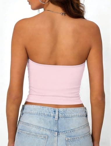 Matunana Women's Tube Top - Strapless Crop Bandeau Tops Basic Y2K Summer Going Out Clothes 2026 Trendy Vacation Outfit Pink L - Thumbnail 5