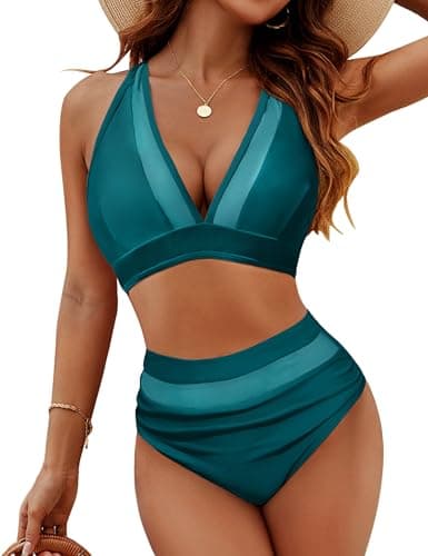 ZAFUL Two Piece Backless Bikini Mesh Insets Halter High Waist Tie Back Sheer Panel Tummy Control Neon Swimwear Peacock Blue S - Image 1
