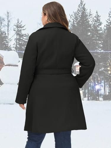 Hanna Nikole Plus Size Outwear Winter Wool Jacket for Women Mid Long Belted Classic Trench Coat Black 3X - Thumbnail 3