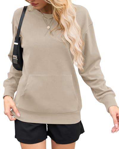 AUSELILY Women's Crewneck Hoodless Sweatshirt Oversized Long Sleeve Pullover Tops with Pockets 2026 New X Decoration Light Apricot Large - Image 1