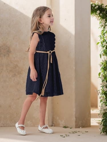 ALLOVIN Toddler and Girls Vintage Boho A-Line Lace Dress with Belt Pom Pom Trim Birthday Party Dress | Navy Blue | 3-4T - Thumbnail 4