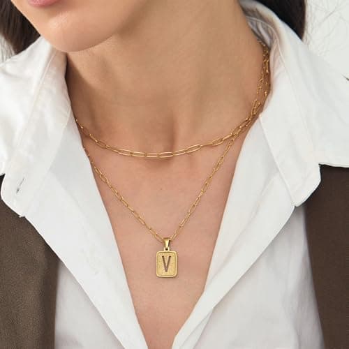 LETFLY Initial Gold Necklaces for Women, 18K Gold Plated Letter Layering Necklace Square Shaped Pendant with Adjustable Paperclip Chain for Womens Jewelry Gifts Alphabets V - Thumbnail 2