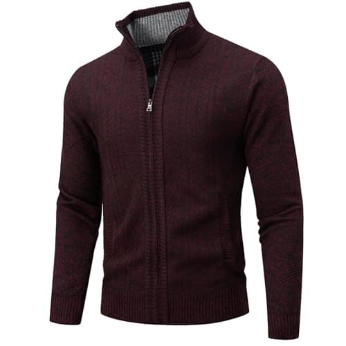 AKuVoL Men's Full Zip Cardigan Sweater Cable Knit Long Sleeve Stand Collar Casual Regular Fit Sweaters Outerwear Wine Red S