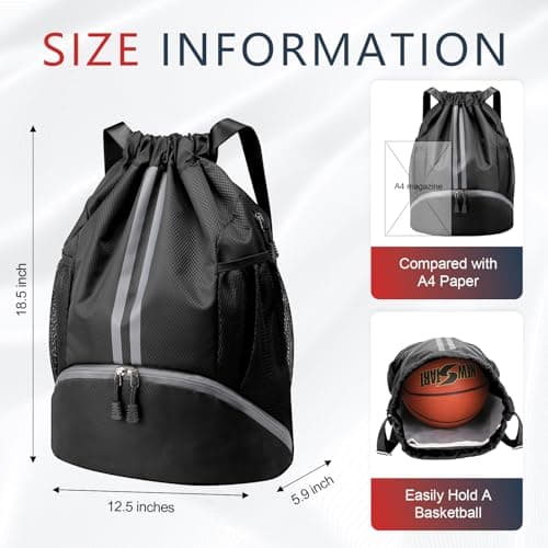 PinCute Drawstring Backpack for Women Men, Gym Bag for Soccer, Basketball, Swim, Beach, Water-Resistant Sports Backpack with Wet Pocket and Shoe Compartment, Black - Thumbnail 3