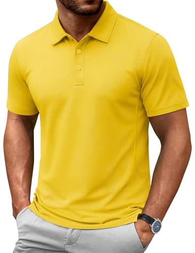Cotrsen Mens Polo Shirt Short Sleeve Casual Performance Collared Work Golf Shirt Cotton Pique Polo for Summer Yellow XL - Image 1
