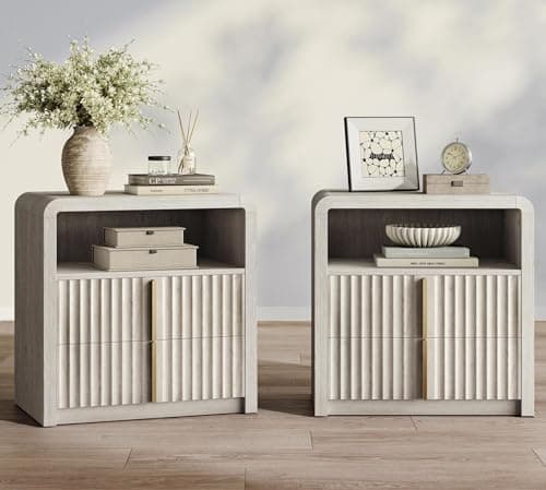 ModernMate Nightstand Set of 2, 23.6" Fluted Night Stand with 2 Drawers, Curve Profile Bedside Table with Solid Metal Handle, Thicken End Side Table for Bedroom, White Alder - Image 1