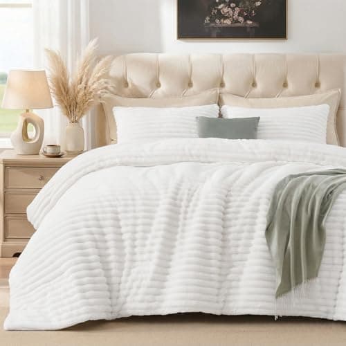 Quataly Marshmallow Queen Fleece Comforter Set White Faux Fur Fluffy Comforter Set Luxury Bedding Set Soft Plush Fuzzy Warm Bed Set All Season 3 Pieces (1 Shaggy Comforter, 2 Pillowcases) - Image 1