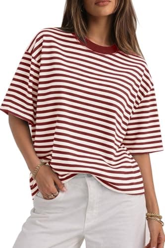 CHYRII Womens Oversized Striped T Shirts Crewneck Short Sleeve Fashion 2026 Casual Loose Fit Summer Y2K Tops (Red S) - Image 1