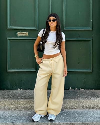 MOOSLOVER Women Barrel Sweatpants Drawstring Elastic Waist Wide Leg Pants Cotton Casual Lounge Sweat Pant(XL,Beige) - Thumbnail 3