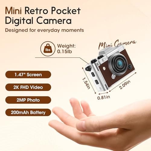 Dienspeak Tiny Digital Camera, Vintage Mini Keychain Camera for Teens & Beginners, Premium Leather Portable Small Camcorder with 16GB Card, 2K HD Video Recorder for Travel and Vlogging, Brown - Thumbnail 2