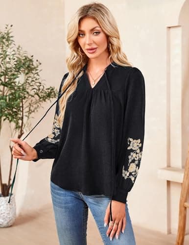 LOOKBOHO Women's Floral Embroidered V-Neck Puff Long Sleeve Casual Tops Fashion Boho Mexican Shirts Fall Blouses 2025 L - Thumbnail 5