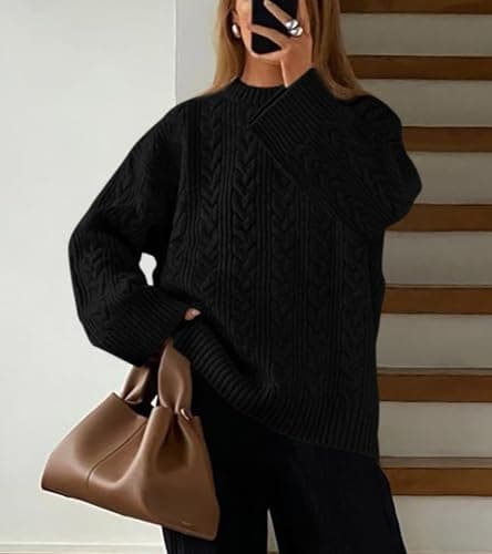 Okiwam Women's Oversized Sweaters Crewneck Cable Knit Pullover Casual Loose Fall Outfits Spring Fashion Clothes 2026-XL Black - Thumbnail 6