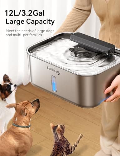 3.2Gal/12L Dog Water Fountain for Large Dogs, Stainless Steel Dog Water Bowl Dispenser with Deeper & Wider Drinking Area, FEELNEEDY Automatic Pet Fountain with Window & LED Light - Thumbnail 2