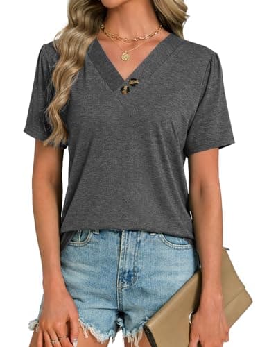 VUTRU Tops for Women V Neck Blouse Puff Short Sleeve Henley Tunic Shirt Loose Fitting Work Casual Plus Size Summer Clothes, Grey S - Image 1