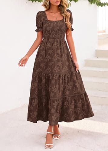 Lazysmile Women's Summer Boho Floral Maxi Dress Short Sleeve Square Neck Smocked Ruffle Elegant Wedding Guest Dress Brown - Thumbnail 3