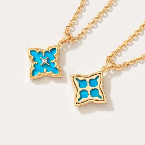 Fettero Gold Clover Necklace for Women Dainty 14K Gold Plated CZ Pendant Necklace Charm Turquoise Clover Pendant Adjustable Chain Lucky Necklaces for Women Jewelry - Thumbnail 4