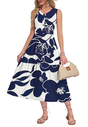 MOLERANI Summer Maxi Dresses for Women 2026 Vacation Sleeveless Loose Long Beach Dress Casual Button Down Sundresses with Pockets,White Navy Flower-L - Image 1
