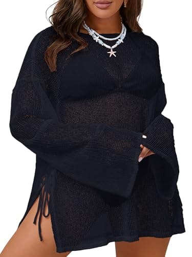 MK Shop Limited Plus Size Swimsuit Coverup for Women Sexy Crochet Bathing Suit Cover Up Mesh Sheer Summer Curvy Kaftan Beach Dress 2026 Navy Blue 4XL - Image 1