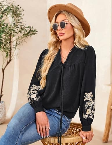 LOOKBOHO Women's Floral Embroidered V-Neck Puff Long Sleeve Casual Tops Fashion Boho Mexican Shirts Fall Blouses 2025 L - Thumbnail 4