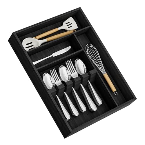 Yofidra ofidra Bamboo Silverware Organizer, 16.3″x12.24″x2.6″ Kitchen Utensil Drawer Organizer, Silverware Tray for Drawer with Fixed Slots for Spoons, Forks & Knives, Black