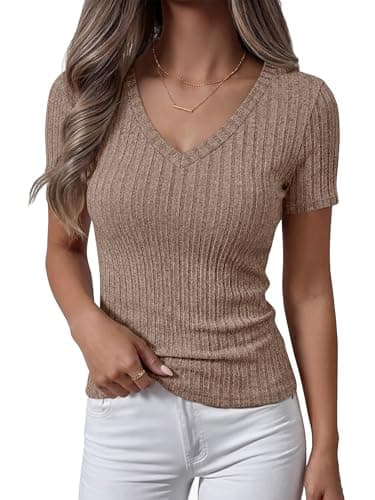 ANRABESS Womens Tops Short Sleeve V Neck Shirts Slim Fit Ribbed Knit Shirt 2026 Summer Dressy Casual Lightweight Sweaters Light Brown Medium - Image 1