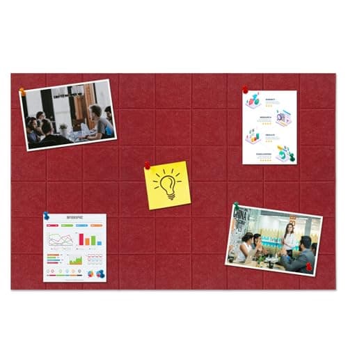 HULAVO Large Square Felt Cork Board Tiles, Self Adhesive DIY Felt Bulletin Board Pin Board with 35 Pushpins for Office School Home Wall Decor Stickers Memos Photos Display (Red) - Image 1