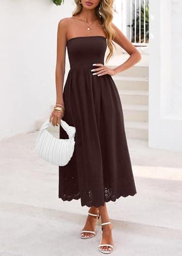 Lazysmile Summer Boho Maxi Dress for Women Strapless Tube Top Lace Trim A Line Beach Casual Long Dress Brown - Thumbnail 6