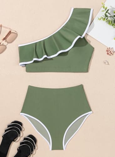 Herseas Women's Asymmetrical Bikini Sets White Trim Ruffle Bikini Top Girls Swim Suits 2026 Summer Cute High Waisted Bathing Suits Army Green Beach Vacation Outfits X-Small - Thumbnail 5