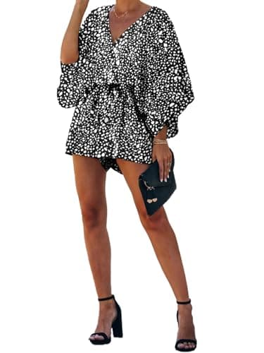 PRETTYGARDEN Women's Floral Print Shorts Jumpsuit Wrap V Neck 3/4 Sleeve Casual Loose Oversized Romper With Pockets (Black, X-Large) - Thumbnail 2