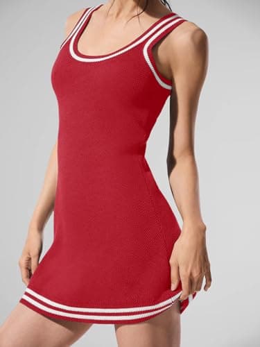 Dokuritu Workout Dress for Women Sleeveless Striped Knitted Sweater Golf Dress Tank Mini Active Club Workout Athletic Dress Red - Thumbnail 5