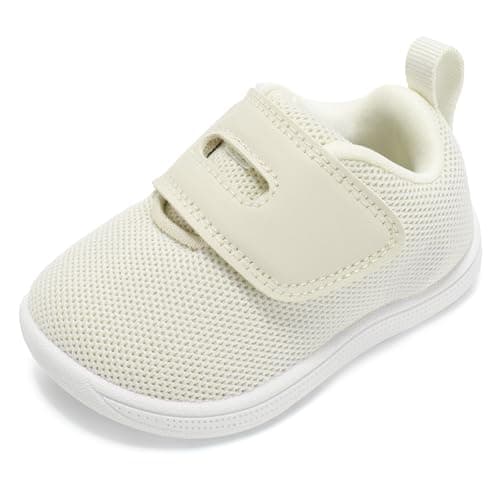 STQ KIDS Baby First Walking Shoes Girl Boy Sneakers Wide Toe Box Barefoot Non-Slip Infant Shoe Beige White Size 6-9 Months - Image 1
