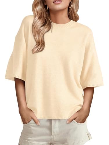 GREAIDEA Womens Short Sleeve Sweater Trendy Oversized Crewneck Cozy Knit Tops 2026 Spring Summer Business Casual Dressy Outfits Shirts Apricot L - Image 1