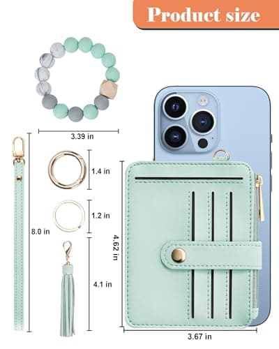 Airkit Wristlet Wallets for Women, Keychain RFID Blocking Credit Card Holder, Small Girly Wallet with Bracelet, Silicone Beaded Tassel Key Ring Card Holder, Green - Thumbnail 3