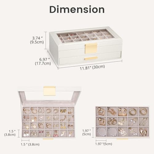 Lolalet Earring Storage Box Case with Glass Top, Large Earring Jewelry Holder Organizer Display with Drawer and Grid, Gift for Girls Women -2 Tiers, Cloud White - Thumbnail 4