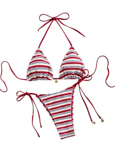 ZAFUL 2 Piece Triangle Bikini for Women Knitted Rope Halter Bikini Sets Sexy Bathing Suit Side Tie Swimsuits Beachwear 1-Red S - Image 1