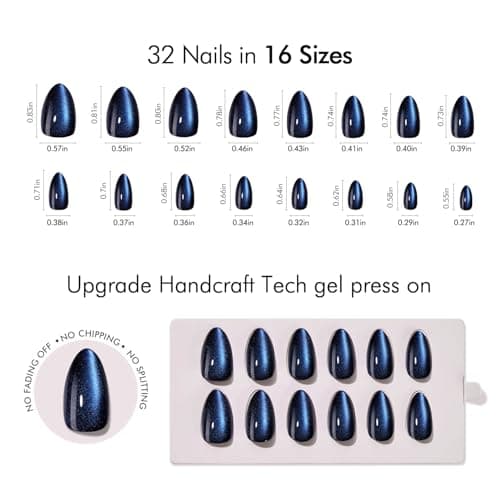 VSALON Press on Nails Short Almond - Blue Cat Eye Chrome Glue On Nails Kit for Women, Reusable Opaque Gel Stick on Nails with Glue & Cuticle Oil - 32 PCS Fake Nails in 16 Sizes (Midnight Tide) - Thumbnail 5