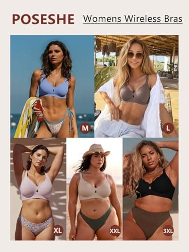 POSESHE Women Push Up Wireless Seamless Wave Support Comfortable Soft Everyday Bra Full Coverage V Neck Basic Bralettes Black - Thumbnail 4