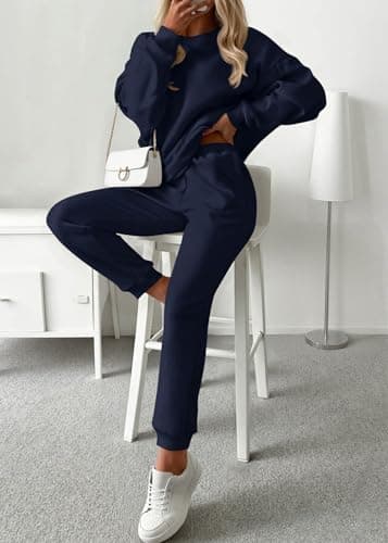 KIRUNDO Sweatsuits Women 2 Piece Outfit Matching Workout Lounge Sets Spring Fall Clothing Tracksuit Airport Travel Outfits(Navy,XX-Large) - Thumbnail 2