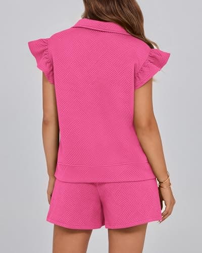 BTFBM Womens 2 Piece Outfits Spring Sweatsuit Zipper V Neck Casual Ruffle Cap Sleeve Tops Drawstring Shorts Lounge Sets(Rose Red, X-Large) - Thumbnail 3