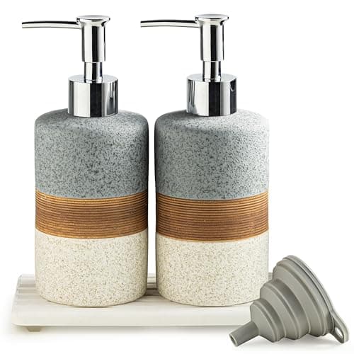 Cormomu Ceramic Soap Dispenser Set(2 Pack) – Hand Soap, Dish Soap, Shampoo & Shower Soap Dispenser for Bathroom & Kitchen, Stainless Steel Pump, Includes Silicone Funnel & Diatomaceous Tray, Gray - Image 1