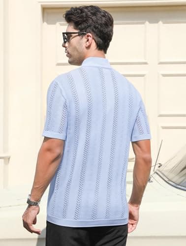 Esabel.C Men's Knit Button Down Shirts Short Sleeve Fashion Summer Casual Beach Shirts for Men,Light Blue194,XL - Thumbnail 2