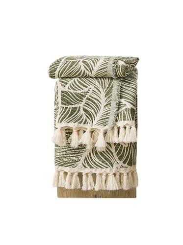 DOWN HOME Chenille Cotton Throw Blanket for Couch, Lightweight Boho Blanket for Bed Sofa Chair Living Room Outdoor Soft Woven Decorative Blanket with Tassel Gift Olive Leaves 55"x60" - Image 1