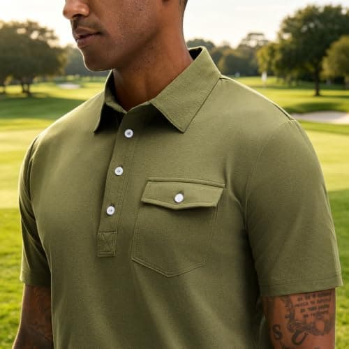 JEMLDL Short Sleeve Polo Shirts for Men Summer Quick Dry Stretch Slim Fit Golf Shirt with Pocket 4 Button Placket Olive L - Thumbnail 2