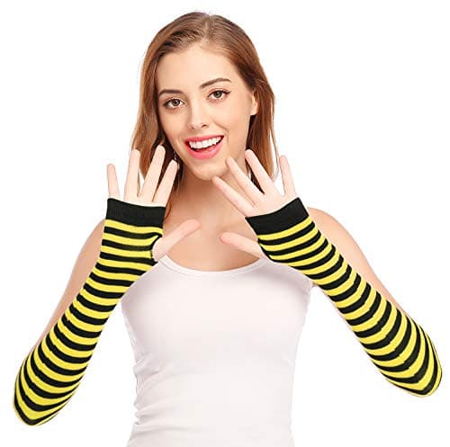 Bienvenu Punk Gothic Rock Long Arm Warmer Fingerless Gloves,Yellow Black - Image 1