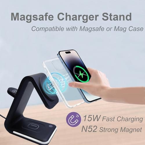 Yukrilt Magnetic Wireless Charger, 3 in 1 Charging Station with Nightlight, for Apple Magsafe iPhone 16/15/14/13/12, iWatch Series, AirPods Charger Stand(15W Adapter) - Thumbnail 3