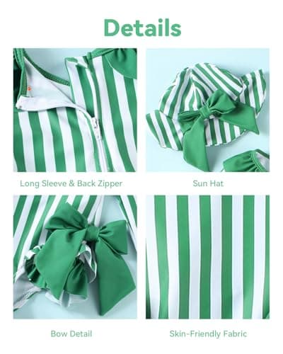 JiAmy Toddler Baby Girls One Piece Swimsuit Long Sleeve Zip Up Bowknot Swimwear Bathing Suit Rash Guard with Sun Hat Set Green 0-3 Months - Thumbnail 4