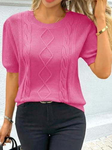 Cicy Bell Womens Puff Short Sleeve Sweater Tops Cable Knit Crew Neck 2026 Spring Shirts Lightweight Dressy Casual Sweaters Rose Red - Thumbnail 3