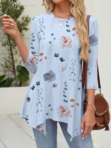 JUSTFASHIONNOW 3/4 Length Sleeve Tunic Tops for Women Loose Fit Dressy Casual Plus Size Blouses Shirts Asymmetrical Hem Floral Top（Sky Blue，X-Large - Thumbnail 3