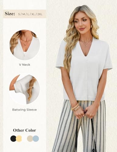 GRACE KARIN Womens Short Sleeve Cropped Cardigan Sweaters Knit Button Down Shirts V Neck Spring Summer Tops 2026 Fashion White - Thumbnail 2